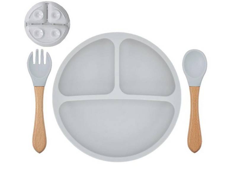 König Design Kindergeschirr-Set Babyteller Kinderteller mit Saugnapf Teller mit Löffel Gabel, 1 Personen, Silikon BPA Frei Baby Tischset für Baby und Kinder von König Design