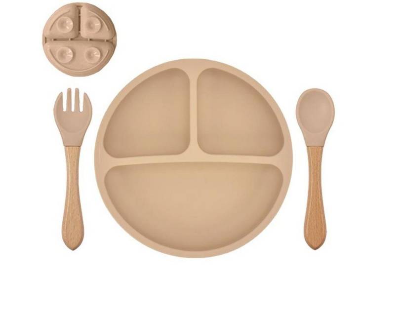 König Design Kindergeschirr-Set Babyteller Kinderteller mit Saugnapf Teller mit Löffel Gabel, 1 Personen, Silikon BPA Frei Baby Tischset für Baby und Kinder von König Design