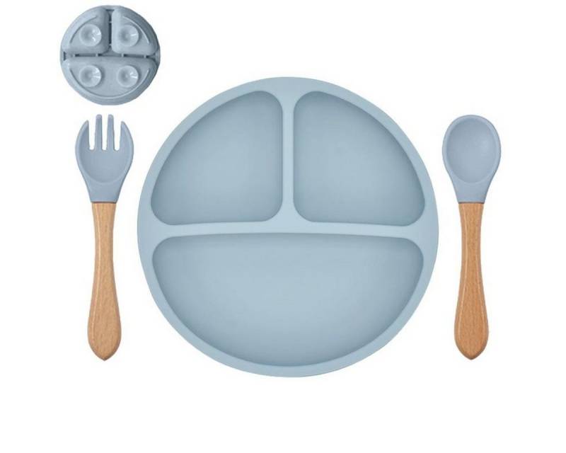 König Design Kindergeschirr-Set Babyteller Kinderteller mit Saugnapf Teller mit Löffel Gabel, 1 Personen, Silikon BPA Frei Baby Tischset für Baby und Kinder von König Design