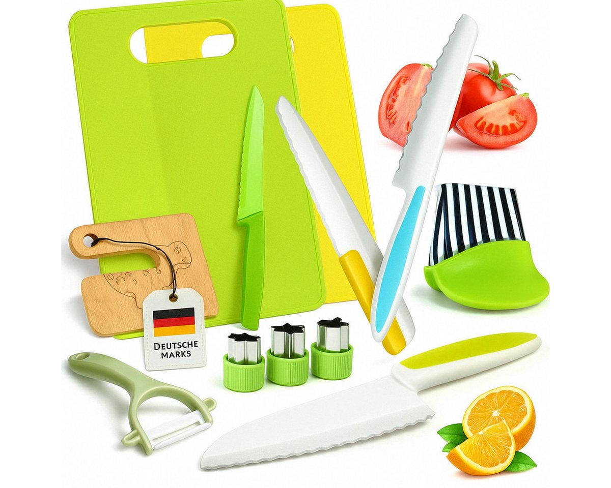 König Design Kochmesser Kinderkochmesser 17-teiliges, Kinder Küchenmesser Set Schneidebretter Messer und Ausstechformen von König Design