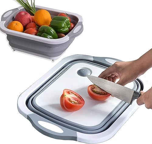 König Design Multifunktionale Faltbares Schneidebrett Mit Colander Containern Lebensmittel Grade Silikon Dish Tub Hackbrett Waschbecken Draining Korb Sieb für Home Kitchen Camping Picknick (Grau) von König Design