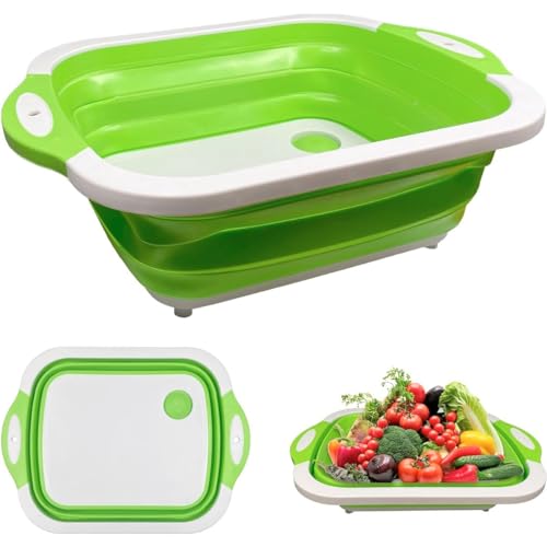 König Design Multifunktionale Faltbares Schneidebrett Mit Colander Containern Lebensmittel Grade Silikon Dish Tub Hackbrett Waschbecken Draining Korb Sieb für Home Kitchen Camping Picknick (Grün) von König Design