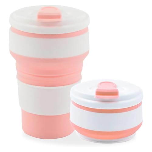 König Design Silikon Faltbarer Becher Mit Deckel (350 ml, BPA-frei),Wiederverwendbar Faltbar Reisebecher, Faltbare Becher mit Deckel Pink von König Design