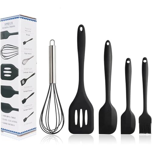 Silicone Cooking Küchenutensilien-Set - Spachtelbürsten Backwaren Ölbürste Schneebesen Schlitzwender - Küchenutensilien Antihaft & Hitzebeständig zum Kochen Schwarz von König Design