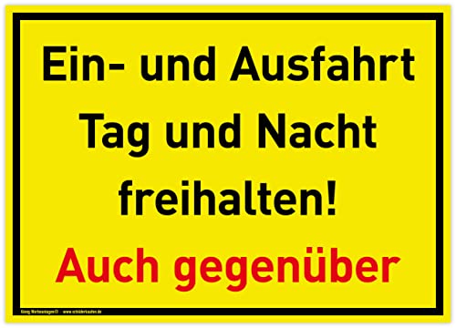 Großes Schild Ein- und Ausfahrt | 42x30cm | wetterfestes PVC-Schild mit UV-Schutz | signalgelb | Tag und Nacht freihalten Auch gegenüber | Einfahrt freihalten, Ausfahrt freihalten von König Werbeanlagen