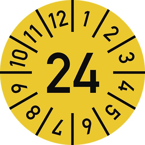 Prüfplakette Jahr 24 mit Monaten, gelb, Folie, Ø 10 mm, 10 Stück/Bogen von König Werbeanlagen