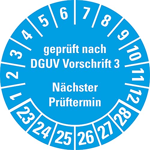 Prüfplakette geprüft nach DGUV Vorschrift 3 Nächster Prüftermin,23-28,hellblau,Folie,ablösbar,Ø 25mm,21/Bogen von König Werbeanlagen