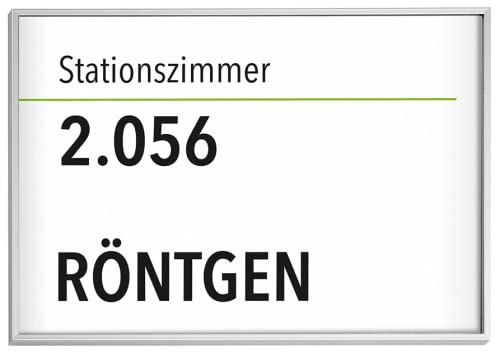 Madrid Silver Line Türschild A5 quer | Alu Rahmen silber eloxiert | entspiegelte Abdeckung | selbstklebend oder auch zum Schrauben | Türschild Büro | Büroschild von König Werbeanlagen