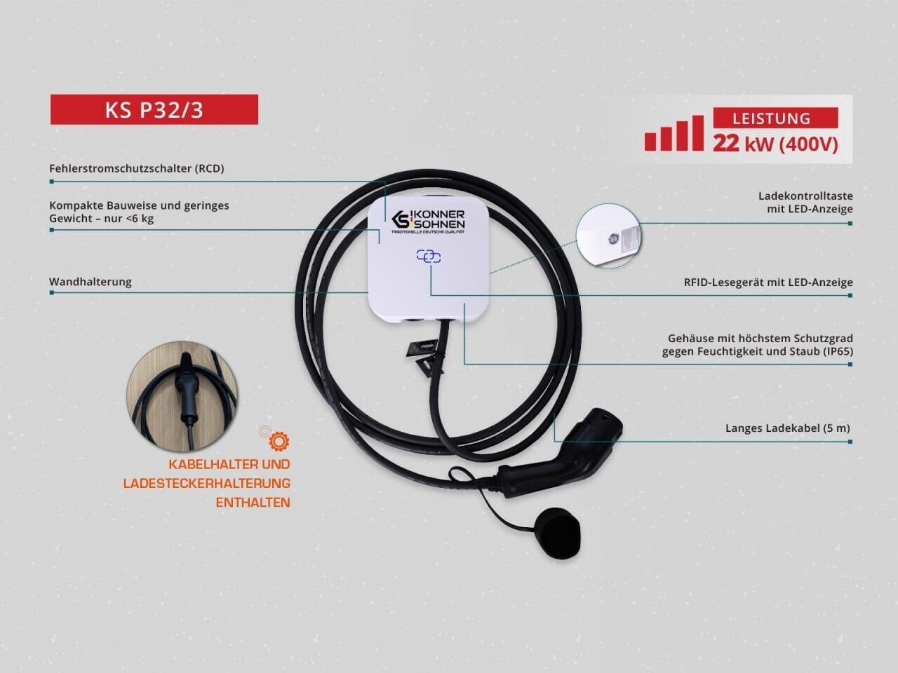 Könner & Söhnen Elektroauto-Ladestation KS P32/3, 1-St., Ausgangsleistung 22 kW, Typ 2, Nennstrom 32 A, Spannung 400 V von Könner & Söhnen