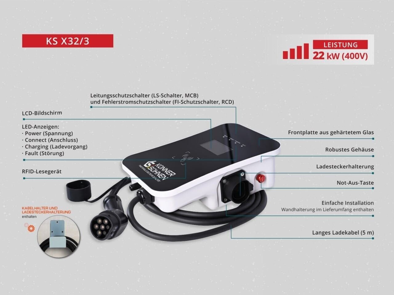 Könner & Söhnen Elektroauto-Ladestation KS X32/3, 1-St., Ausgangsleistung 22 kW, Typ 2, Nennstrom 32 A, Spannung 400 V von Könner & Söhnen