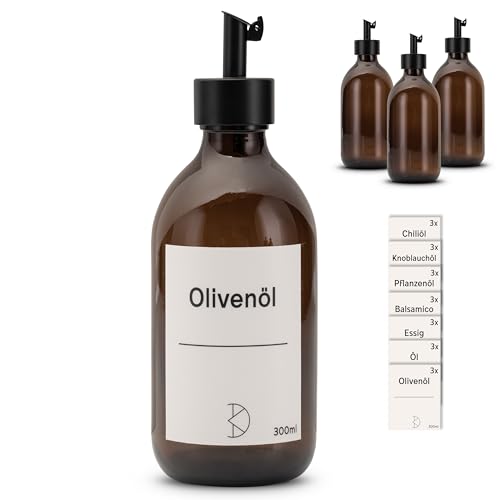 Koffs Design 3 Stück Ölflaschen zum Befüllen - Moderner Ölspender aus Braunglas mit Edelstahl Ausgießer – Spender für Öl, Essig und Balsamico - verschiedene Aufkleber - 300ml - mit Stickern von Koffs Design