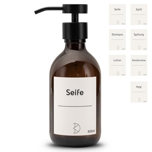 Koffs Design Glas Seifenspender für Badezimmer und Küche - Flüssigseifenspender aus Braunglas – modern - Pumpspender für Seife, Spülmittel & Handcreme - Spüli Spender - mit Stickern - 1 Stück von Koffs Design