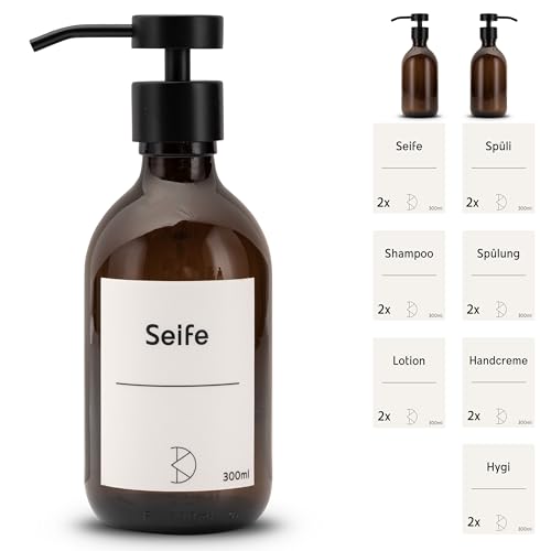 Koffs Design Glas Seifenspender für Badezimmer und Küche - Flüssigseifenspender aus Braunglas – modern - Pumpspender für Seife, Spülmittel & Handcreme - Spüli Spender - mit Stickern - 2 Stück von Koffs Design