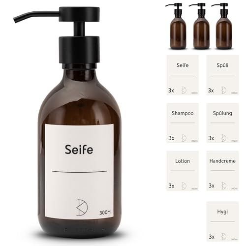 Koffs Design Glas Seifenspender für Badezimmer und Küche - Flüssigseifenspender aus Braunglas – modern - Pumpspender für Seife, Spülmittel & Handcreme - Spüli Spender - mit Stickern - 3 Stück von Koffs Design