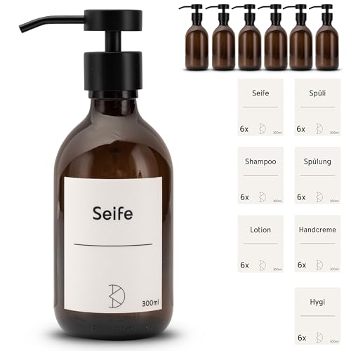 Koffs Design Glas Seifenspender für Badezimmer und Küche - Flüssigseifenspender aus Braunglas – modern - Pumpspender für Seife, Spülmittel & Handcreme - Spüli Spender - mit Stickern - 6 Stück von Koffs Design