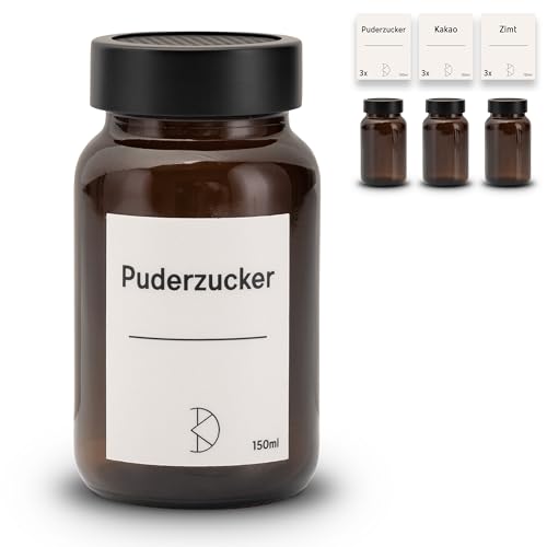 Koffs Design Kakao und Puderzucker Streuer Braunglas mit Edelstahlaufsatz - Kakaopulver, Zimt und Staubzucker Dosierer - Kakaostreuer 150ml - Pulverstreuer 3 Stück mit Aufklebern von Koffs Design