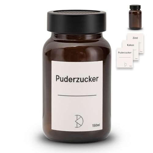 Koffs Design Kakao und Puderzucker Streuer Braunglas mit Edelstahlaufsatz - Kakaopulver, Zimt und Staubzucker Dosierer - Kakaostreuer 150ml - Pulverstreuer mit Aufklebern von Koffs Design