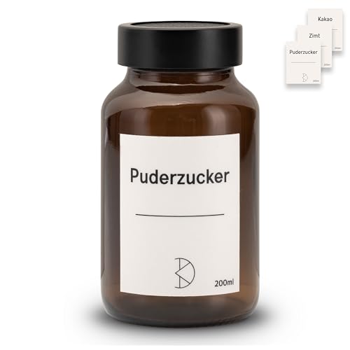 Koffs Design Kakao und Puderzucker Streuer Braunglas mit Edelstahlaufsatz - Kakaopulver, Zimt und Staubzucker Dosierer - Kakaostreuer 200ml - Pulverstreuer mit Aufklebern von Koffs Design