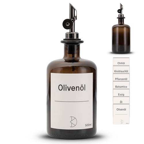 Koffs Design Ölflaschen zum Befüllen - Moderner Ölspender aus Braunglas mit Edelstahl Ausgießer – Spender für Öl, Essig und Balsamico - Aufkleber für deinen Inhalt - 500ml - mit Stickern von Koffs Design