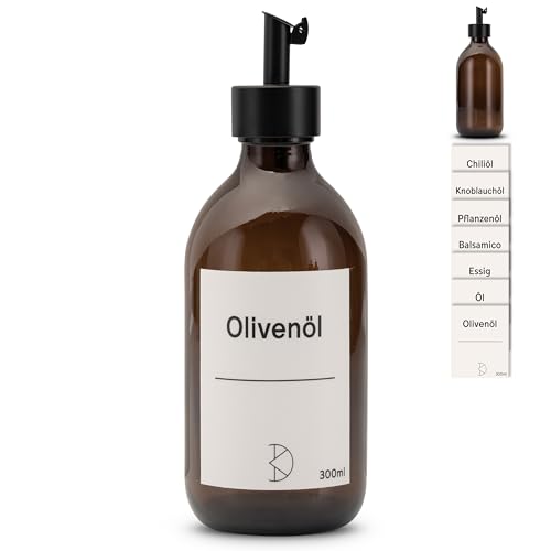 Koffs Design Ölflaschen zum Befüllen - Moderner Ölspender aus Braunglas mit Edelstahl Ausgießer – Spender für Öl, Essig und Balsamico - individuelle Aufkleber für deinen Inhalt - 300ml - mit Stickern von Koffs Design