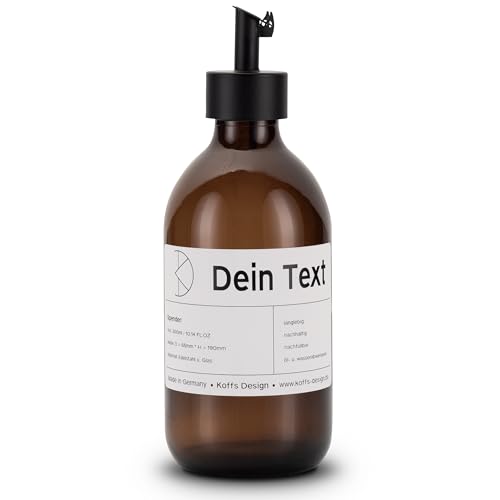 Koffs Design Ölflaschen zum Befüllen - Moderner Ölspender aus Braunglas mit Edelstahl Ausgießer – Spender für Öl und Essig - individuell bedruckbare Flaschen für jeden Inhalt - 300ml - Dein Text von Koffs Design