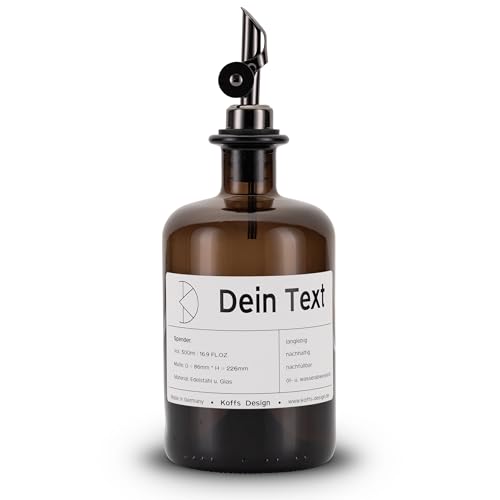 Koffs Design Ölflaschen zum Befüllen - Moderner Ölspender aus Braunglas mit Edelstahl Ausgießer – Spender für Öl und Essig - individuell bedruckbare Flaschen für jeden Inhalt - 500ml - Dein Text von Koffs Design