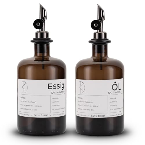 Koffs Design Ölflaschen zum Befüllen - Moderner Ölspender aus Braunglas mit Edelstahl Ausgießer – individuell bedruckbare Flaschen für jeden Inhalt - 500ml - Spender für Öl und Essig von Koffs Design