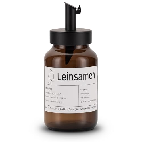 Koffs Design Zuckerstreuer mit Edelstahl Dosierer – individuell bedruckbarer Streuer für Zucker, Saaten, Müsli Toppings - moderne Zuckerdose aus Glas mit UV‑Schutz - Leinsamen 200ml von Koffs Design