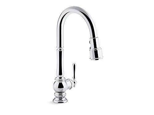 KOHLER K-99259-CP Artifacts Einloch-Küchenspüle-Armatur mit 44,2 cm ausziehbarem Auslauf, 3-Funktions-Sprühkopf und gedrehtem Hebelgriff, poliertes Chrom von Kohler