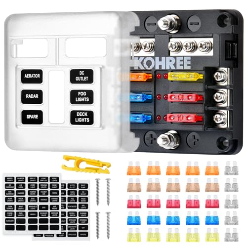 Kohree 6 Fach kfz Sicherungshalter, Sicherungshalter 12 Volt, DC 12V Sicherungskasten 100A mit 30pcs Flachsicherungen, LED-Anzeige, Schutzabdeckung Sicherungsdose Sicherungsträger für Auto Boot SUV von Kohree