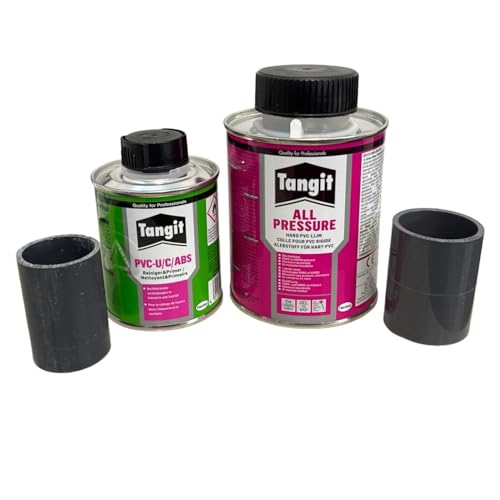 Tangit PVC Set All Pressure Kleber 250 ml & Reiniger 125 ml Pinsel- Spezialkleber für Verbindung und Montage von Hart PVC-U Rohren/Poolbau-Teichbau-Dachrinnemontagen mit PVC Teil zur Probeklebung von Koi- und Bonsaipark Herdecke