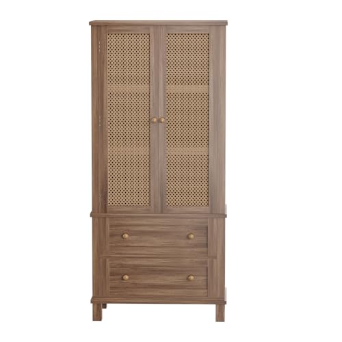 Highboard, Bücherschrank, Standvitrine, Kommode, Küchenschrank, Mehrzweckschrank mit 2 Schubladen und 2 Verstellbaren Regale, Rattantüren, 73.5 * 38.8 * 163 cm von Koioplie