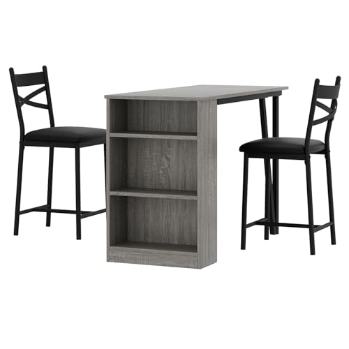 Koioplie 3-Teilig Bartisch Mit Barhocker Set, Stehtisch Mit 3 Ablagen, 2 Barhocker Mit Rückenlehne Und Polsterung, Industrie-Stil, Für Esszimmer, Küche, Wohnzimmer, Grau von Koioplie