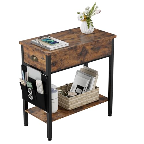 Koioplie Beistelltisch Couch, Nachttisch mit Schublade, Aufbewahrungstasche, Nachtschrank, Sofatisch, Vintagebraun 60x32x60cm von Koioplie