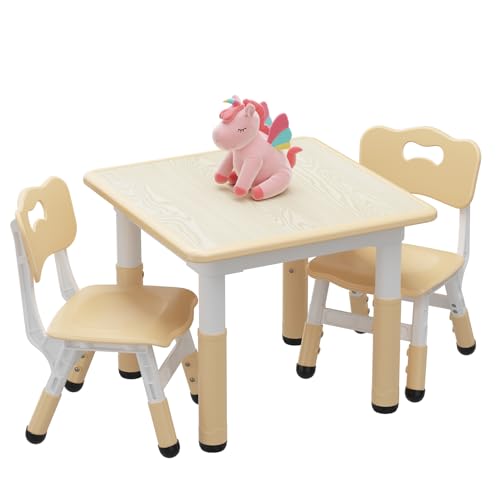 Koioplie Kindertisch Set 3-TLG. Kindermöbel Kindersitzgruppe Tischset Kinderzimmer 2 Stühle, mit Graffiti-Schreibtisc, Höhenverstellbarer, Holzfarbe von Koioplie