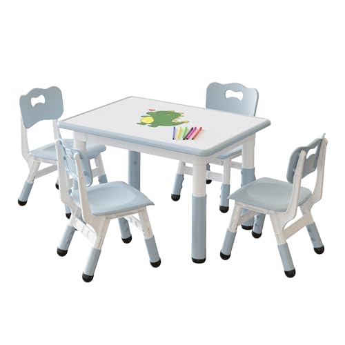 Koioplie Kindertisch Set 5-TLG. Kindermöbel Kindersitzgruppe Tischset Kinderzimmer 4 Stühle, mit Graffiti-Schreibtisc, Höhenverstellbarer, Hellblau von Koioplie