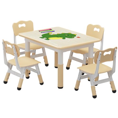 Koioplie Kindertisch Set 5-TLG. Kindermöbel Kindersitzgruppe Tischset Kinderzimmer 4 Stühle, mit Graffiti-Schreibtisc, Höhenverstellbarer, Holzfarbe von Koioplie