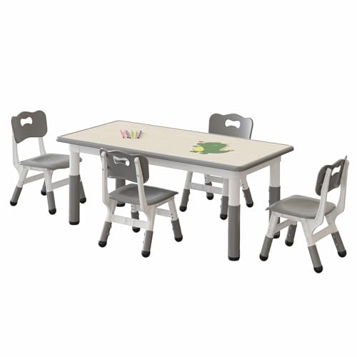 Koioplie Kindertisch Set 5-TLG. Kindermöbel Kindersitzgruppe Tischset Kinderzimmer 4 Stühle, mit Graffiti-Schreibtisc, Höhenverstellbarer, mit 12-farbigem Wasserschreibstift, Hellgrau von Koioplie