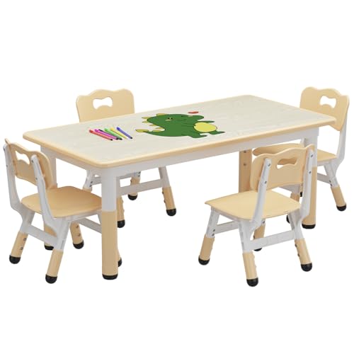 Koioplie Kindertisch Set 5-TLG. Kindermöbel Kindersitzgruppe Tischset Kinderzimmer 4 Stühle, mit Graffiti-Schreibtisc, Höhenverstellbarer, mit 12-farbigem Wasserschreibstift, Holzfarbe von Koioplie