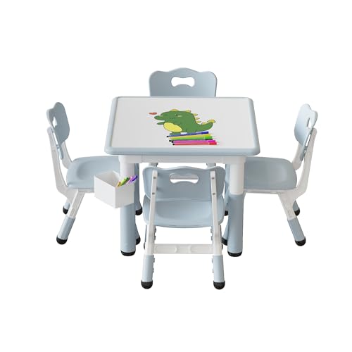 Koioplie Kindertisch Set 5-TLG. Kindermöbel Kindersitzgruppe Tischset Kinderzimmer 4 Stühle, mit Graffiti-Schreibtisc, Höhenverstellbarer, mit Aufbewahrungsbox, Dunkelgrau von Koioplie