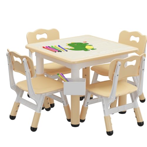 Koioplie Kindertisch Set 5-TLG. Kindermöbel Kindersitzgruppe Tischset Kinderzimmer 4 Stühle, mit Graffiti-Schreibtisc, Höhenverstellbarer, mit Aufbewahrungsbox, Holzfarbe von Koioplie