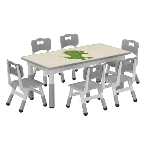 Koioplie Kindertisch Set 7-TLG. Kindermöbel Kindersitzgruppe Tischset Kinderzimmer 6 Stühle, mit Graffiti-Schreibtisc, Höhenverstellbarer, mit 12 Farbwasserschreibstift, Hellgrau von Koioplie