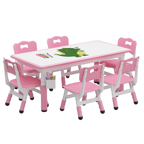 Koioplie Kindertisch Set 7-TLG. Kindermöbel Kindersitzgruppe Tischset Kinderzimmer 6 Stühle, mit Graffiti-Schreibtisc, Höhenverstellbarer, mit 12 Farbwasserschreibstift von Koioplie