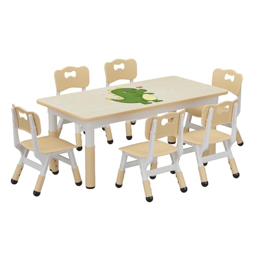 Koioplie Kindertisch Set 7-TLG. Kindermöbel Kindersitzgruppe Tischset Kinderzimmer 6 Stühle, mit Graffiti-Schreibtisc, Höhenverstellbarer, mit 12 Farbwasserschreibstift von Koioplie