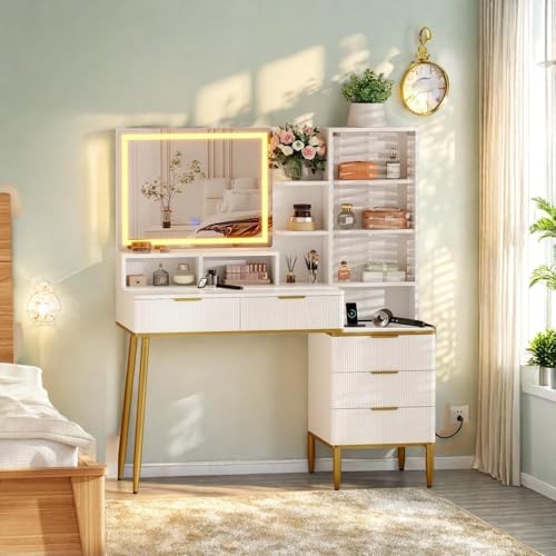 Koioplie Schminktisch mit LED, Steckdose, 5 Schubladen und Ablage, Frisiertisch Kommode Frisierkommode Kosmetiktisch Spiegel Beleuchtung Schlafzimmer Weiß 120 x 40 x 136 cm von Koioplie