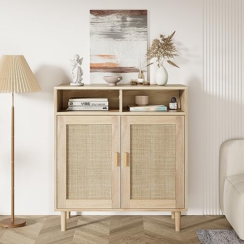 Koioplie Sideboard mit 2 Türen Kommode Rattanschrank Anrichte Schrank Beistellschrank Mehrzweckschrank Standschrank Flurschrank, Eiche Natur, 80D x 40W x 92H cm von Koioplie