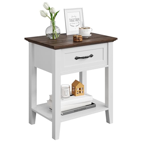 Nachtschrank 2er Set, Nachttisch mit Schubladen und Fach, Nachtkonsole Nachtkommode Schlafzimmer Schrank Kommode MDF 50x40x60cm Eiche Weiß von Koioplie
