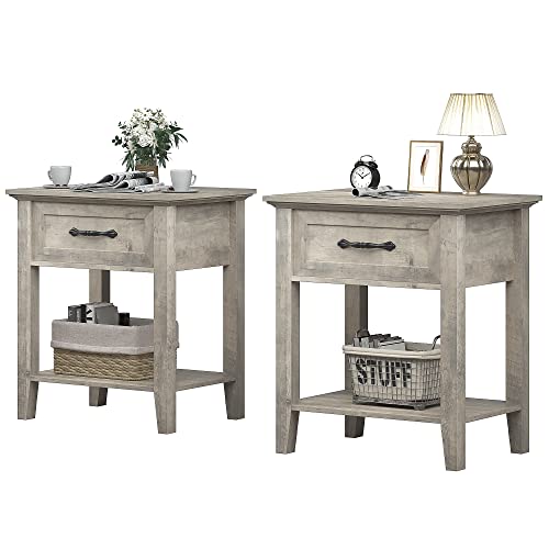 Nachtschrank 2er Set, Nachttisch mit Schubladen und Fach, Nachtkonsole Nachtkommode Schlafzimmer Schrank Kommode MDF Betongrau 50x40x60cm von Koioplie