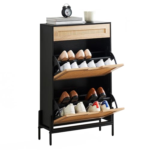 Schuhschrank, Schuhregal, Schuhkipper mit 2 Klappen & Schublade, Aufbewahrungsschrank, Schuhschrank, Eingang, Flur, Wohnzimmer, Schwarz, 60 x 24 x 102 cm Schuhschrank, Schuhregal, Schuhkipper mit 2 Klappen & Schublade, Aufbewahrungsschrank, Schuhschrank, Eingang, Flur, Wohnzimmer, Schwarz, 60 x 24 x 102 cm von Koioplie