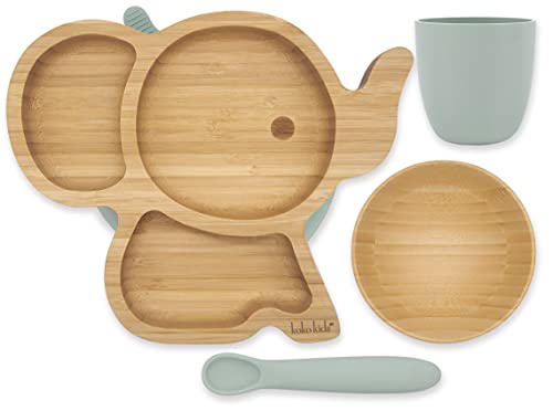 Entwöhnungs-Set aus Bambus und Silikon ~ Elefanten-Saugnapfteller, Bambusschale plus Silikonbecher und Löffel (Grün) von Koko Kids